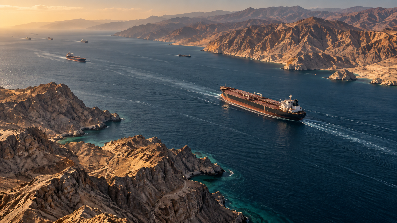 Editorial illustration of an oil tanker crossing the Strait of Hormuz between mountainous coastlines